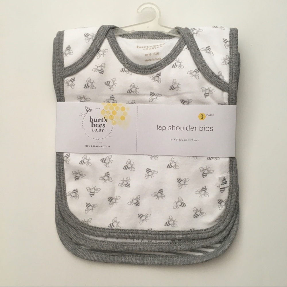 Burt’s Bees 3 Lap Shoulder Bibs Organic Cotton Bees Gray & Stripes NEW